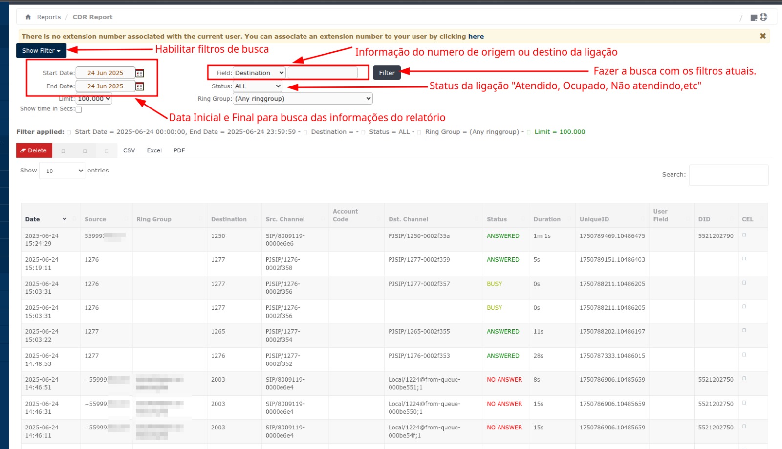 Painel de Relatórios de Chamadas Brphonia